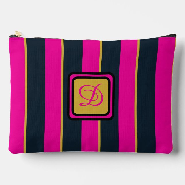Pochette À Accessoires Noir rose et or rayé Joli Monogramme (Recto)