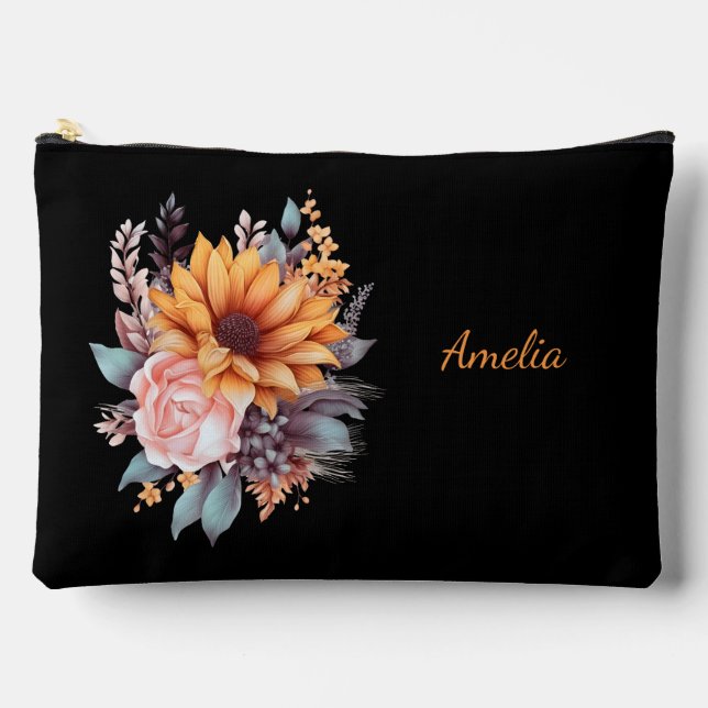 Pochette À Accessoires Noir Simple Et Élégant Avec Fleurs (Recto)