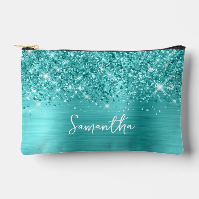 Pochette À Accessoires Nom de script glamour turquoise bleu pailleté (Recto)
