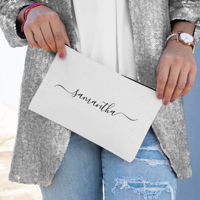 Pochette À Accessoires Nom élégant en noir avec signature à virgule (Black Elegant Swash Signature Name Accessory Pouch)