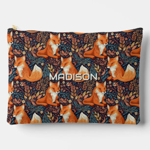 Pochette À Accessoires Nom personnalisé Foxes et Motif de feuilles