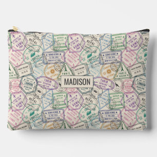 Pochette À Accessoires Nom personnalisé Motif Timbres de voyage