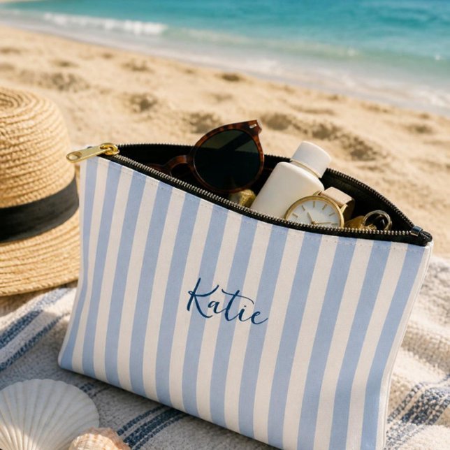 Pochette À Accessoires Nom rayé bleu et blanc  (Blue Stripe Cosmetics Bag)