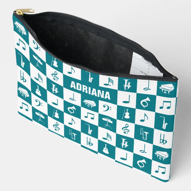 Pochette À Accessoires Notes et instruments de musique turquoise et blanc (Ouvrir)