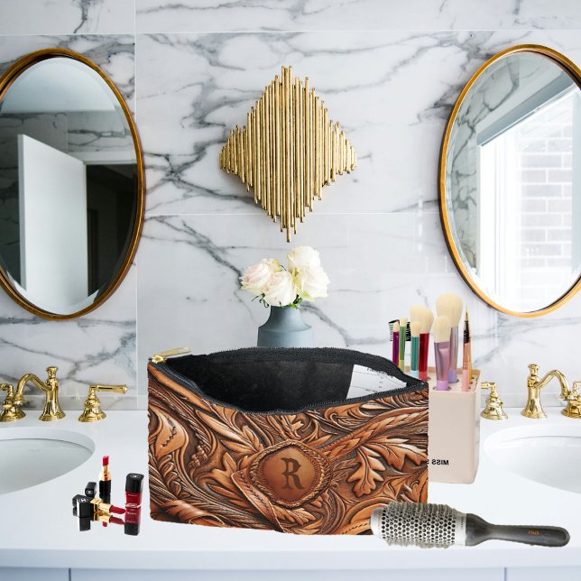 Pochette À Accessoires Occidental Outils en cuir Impression personnalisée (Western Tooled Leather Collection 
Custom Initial Accessory Pouch)