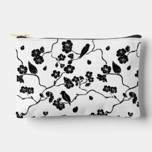 Pochette À Accessoires Oiseaux Motifs noirs et blancs sur les fleurs de c