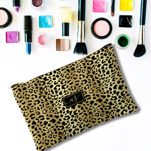 Pochette À Accessoires Or Monogrammé Imprimé Léopard Noir Feuille de Méta