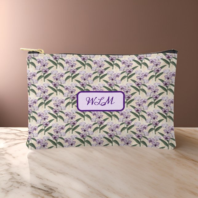 Pochette À Accessoires Orchidées blanches violettes délicates sur crème V (Créateur téléchargé)