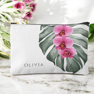 Pochette À Accessoires Orchidées roses chaudes sur Monstera Tropical Flor