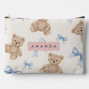Pochette À Accessoires Ours en peluche personnalisé & motif nœud bleu