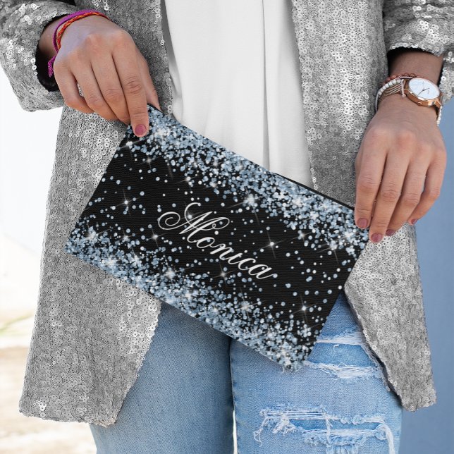 Pochette À Accessoires Pailleté Bleu Clair Noir (Light Blue Glitter Black Accessory Pouch)