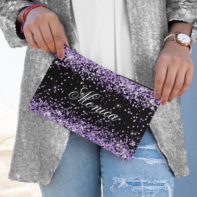 Pochette À Accessoires Paillette Violet Clair Noir (Light Purple Glitter Black Accessory Pouch)