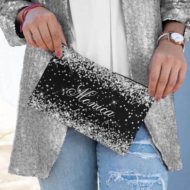 Pochette À Accessoires Paillettes Argentées Noire (Silver Glitter Black Accessory Pouch)