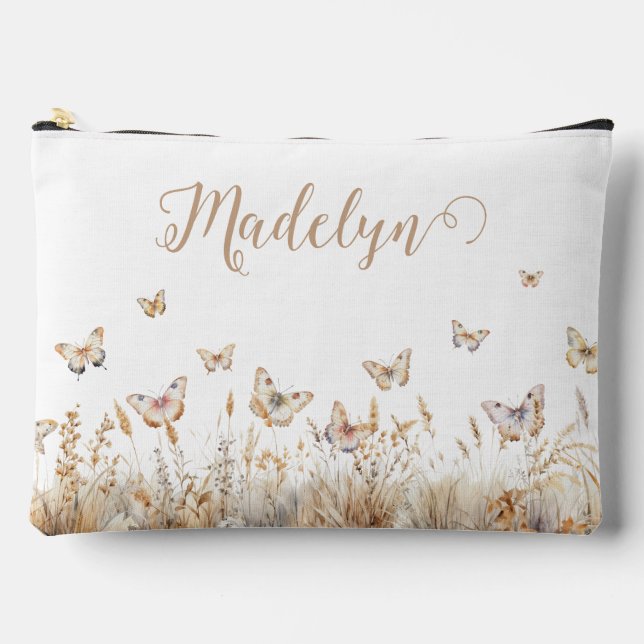 Pochette À Accessoires Papillons Boho de script personnalisé (Recto)