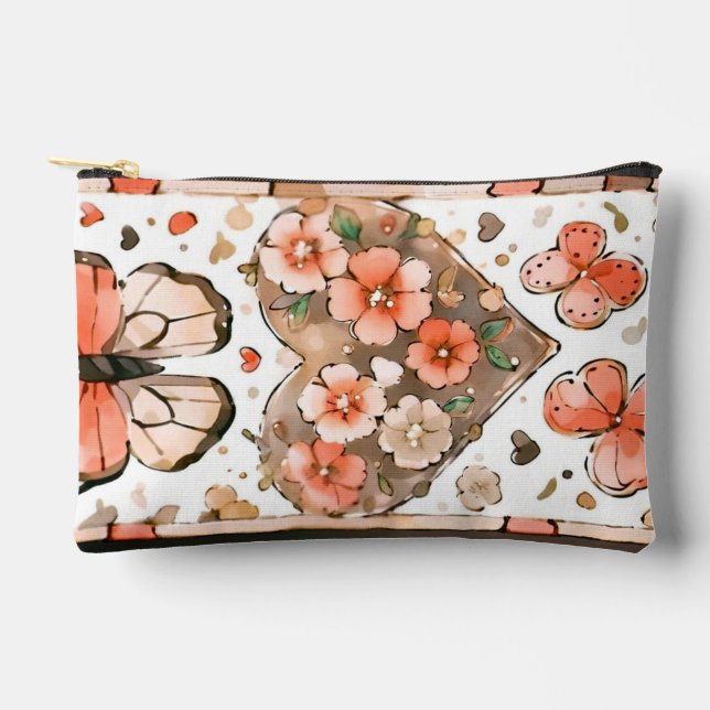 Pochette À Accessoires Papillons, Coeurs et Fleurs (Recto)
