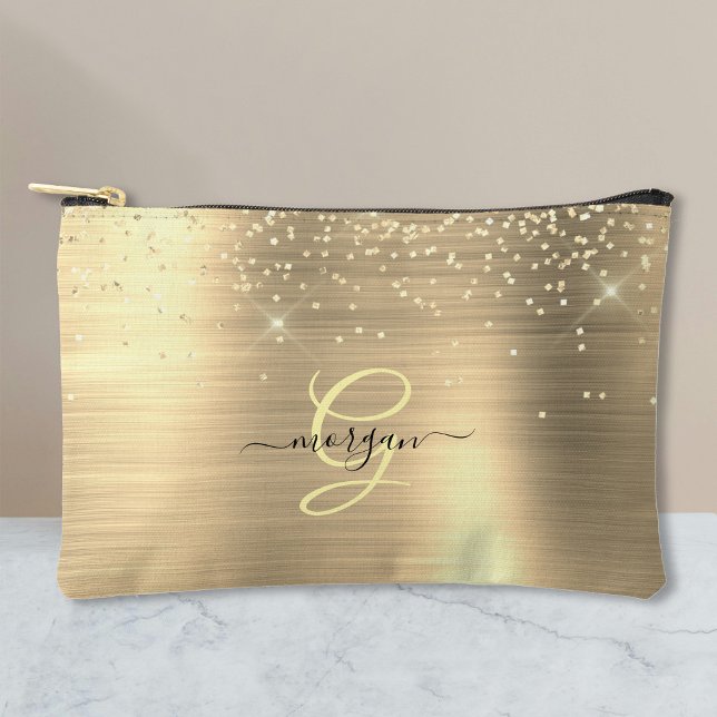 Pochette À Accessoires Parties scintillant d'or & Monogramme, Nom de scri (Créateur téléchargé)
