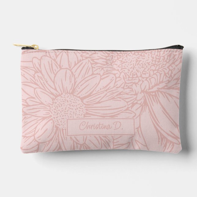 Pochette À Accessoires  Peachy Pink on Pink Chrysanthemums with Name (Recto)