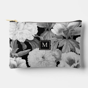Pochette À Accessoires Peonies noires et blanches Aquarelle Monogramme fl