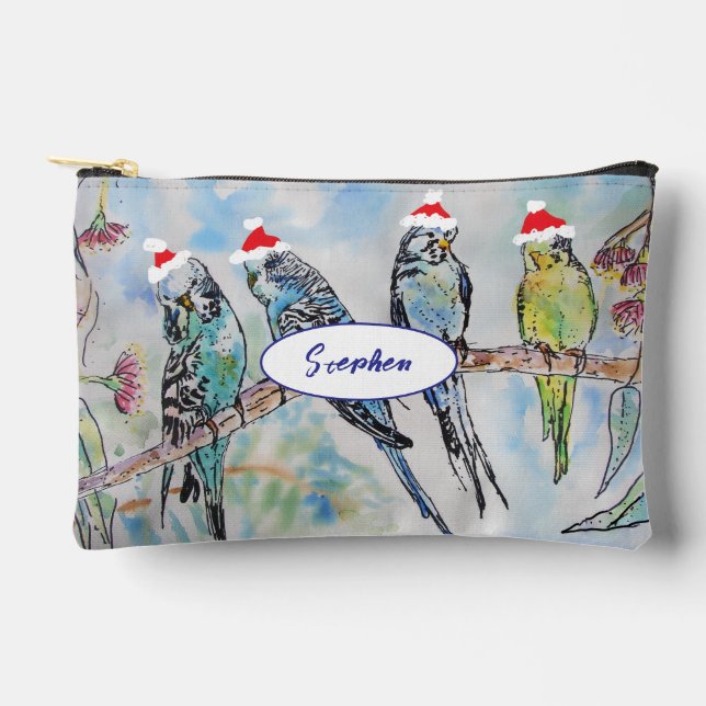 Pochette À Accessoires Perruche Perruches Oiseau Oiseaux Chapeau de Noël  (Recto)