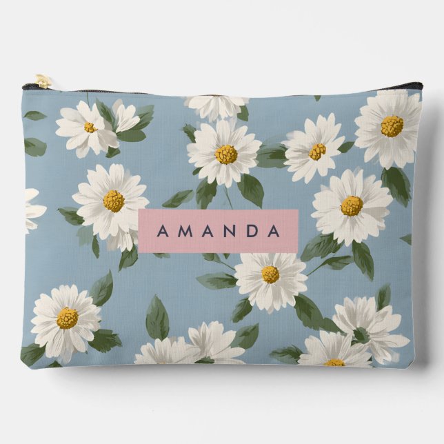 Pochette À Accessoires Personalized Charming White Daisies on Dusty Blue (Recto)