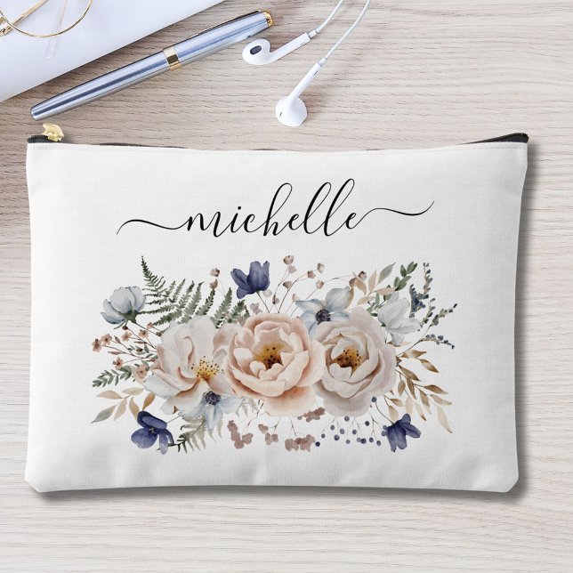 Pochette À Accessoires Personalized Watercolor Pretty Beige Blue Floral  (In situ)