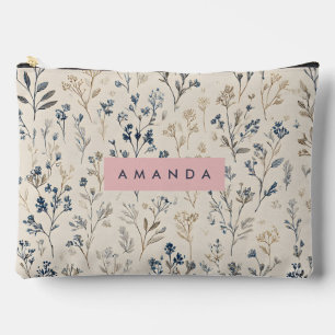 Pochette À Accessoires Personnalisé Elégant Fleur sauvage bleu et beige