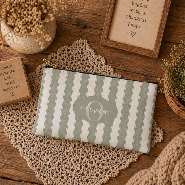 Pochette À Accessoires Personnalisé Rustique Vert Sauge Rayé (Créateur téléchargé)
