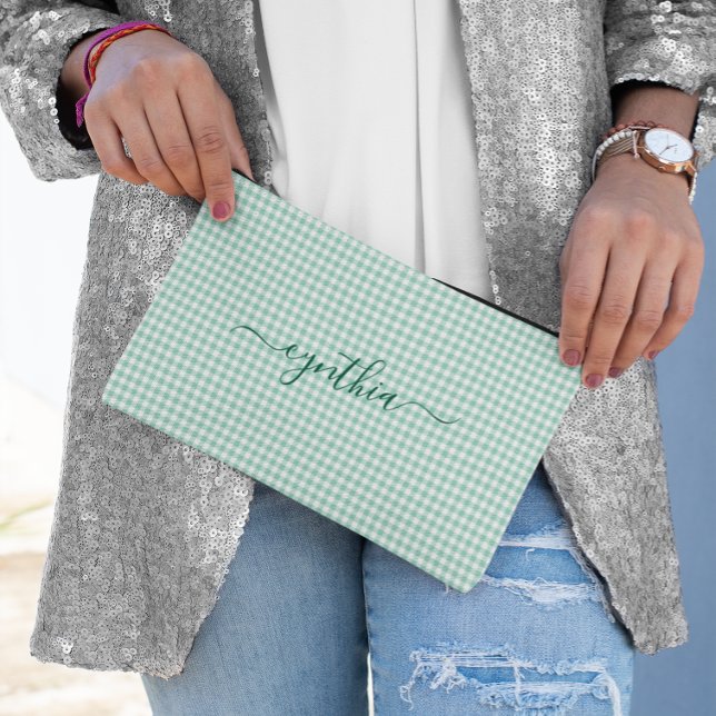 Pochette À Accessoires Petite Lumière Signature Gingham Sarcelle (Tiny Light Teal Gingham Signature Accessory Pouch)