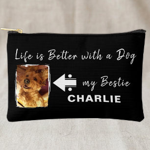 Pochette À Accessoires Photo de chien personnalisé avec initiales noir bl