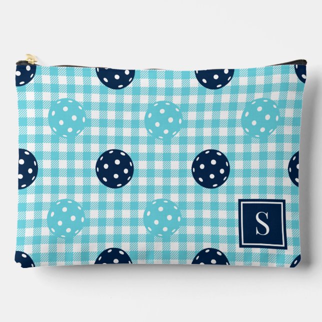 Pochette À Accessoires Pickleball Préparé Gingham Bleu Turquoise Monogram (Recto)