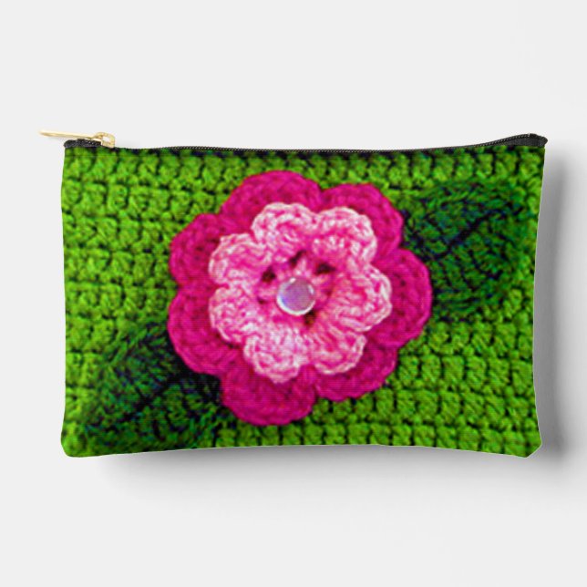 Pochette À Accessoires Pink Flower Grass Green Leaf Artisan Crochet Impri (Recto)