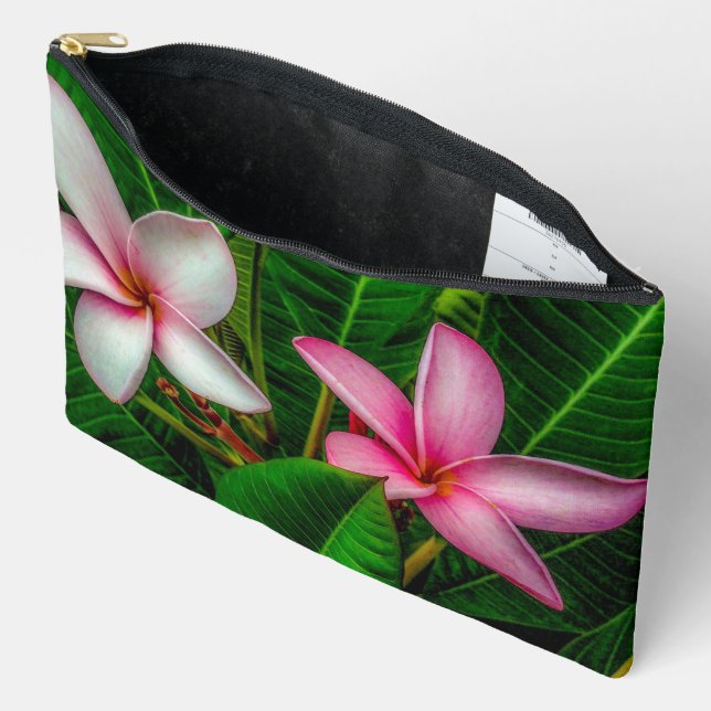 Pochette À Accessoires Plumerias en blanc et rose (Ouvrir)