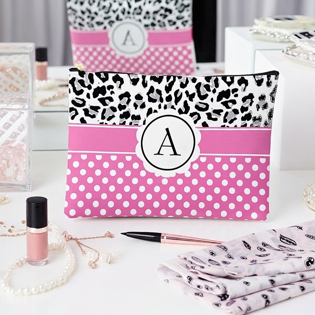 Pochette À Accessoires Points girly et monogramme imprimé animaux  (Créateur téléchargé)