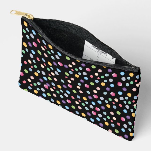 Pochette À Accessoires Pois aquarelle sur noir (Ouvrir)