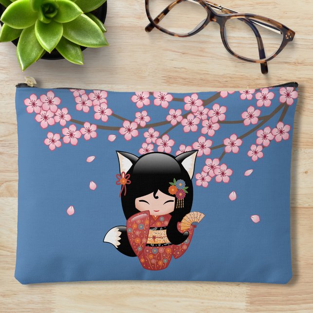 Pochette À Accessoires Poupée Kitsune Kokeshi - Black Fox Geisha Girl (Créateur téléchargé)