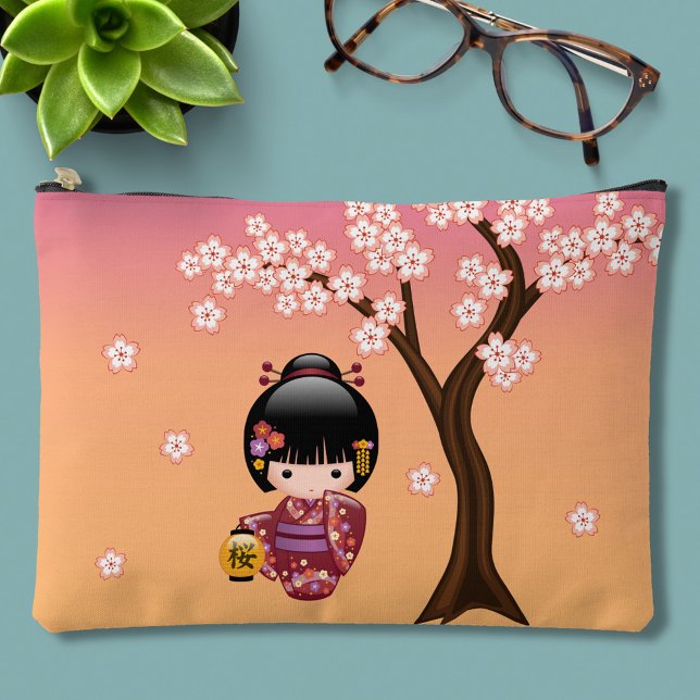 Pochette À Accessoires Poupée Sakura Kokeshi - Geisha Girl on Peach (Créateur téléchargé)