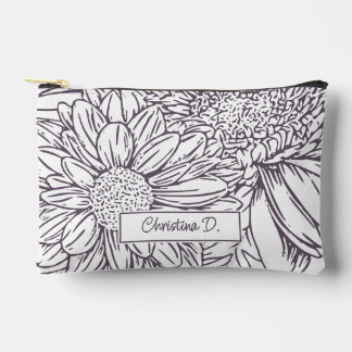 Pochette À Accessoires Prune Poussiéreuse sur Chrysanthèmes Blancs avec N