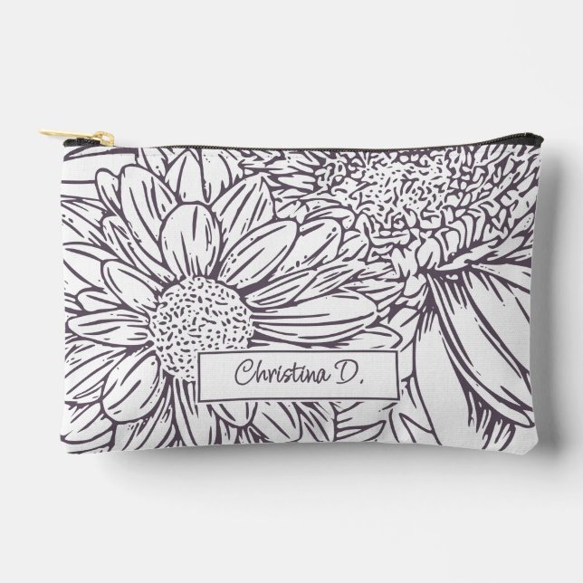 Pochette À Accessoires Prune Poussiéreuse sur Chrysanthèmes Blancs avec N (Recto)