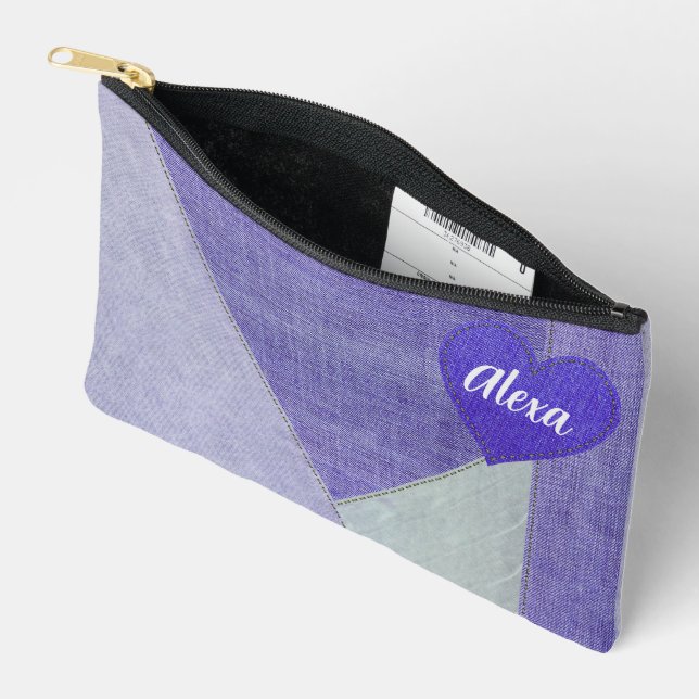 Pochette À Accessoires Purple Denim Coeur avec nom (Ouvrir)