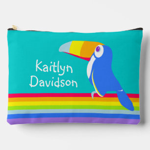 Pochette À Accessoires Rainbow toucan turquoise aqua nom enfant