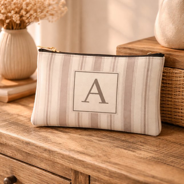 Pochette À Accessoires Rayure rustique initiale beige et taupe de ferme (Créateur téléchargé)
