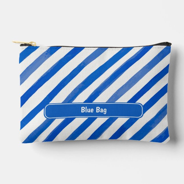 Pochette À Accessoires Rayures bleues sur fond blanc et texte (Recto)