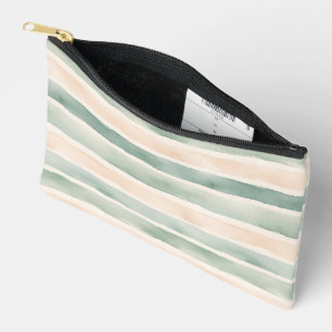Pochette À Accessoires Rayures Douces Vert Sauge & Pêche Aquarelle