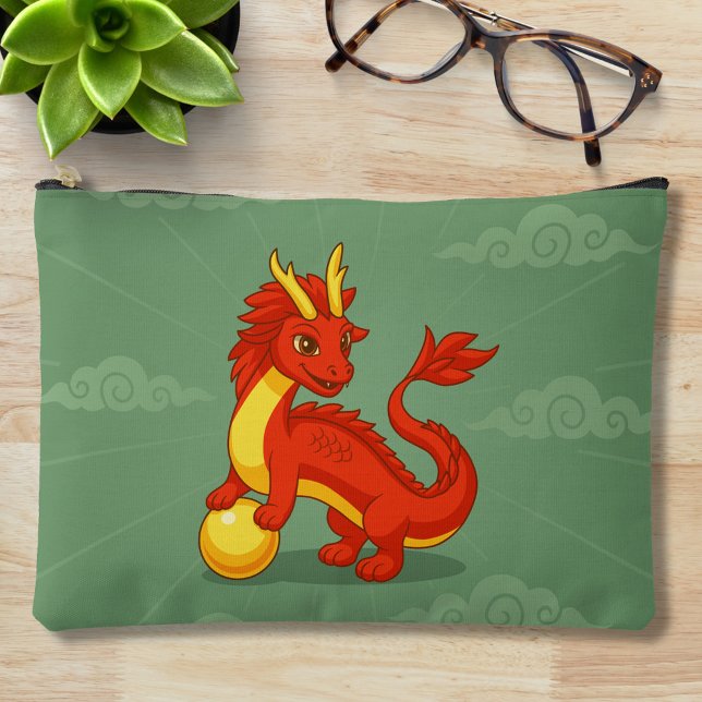 Pochette À Accessoires Red Chinese Dragon on Green (Créateur téléchargé)