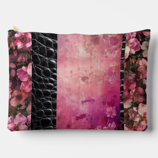 Pochette À Accessoires Reptile gras, rose floral noir (Recto)