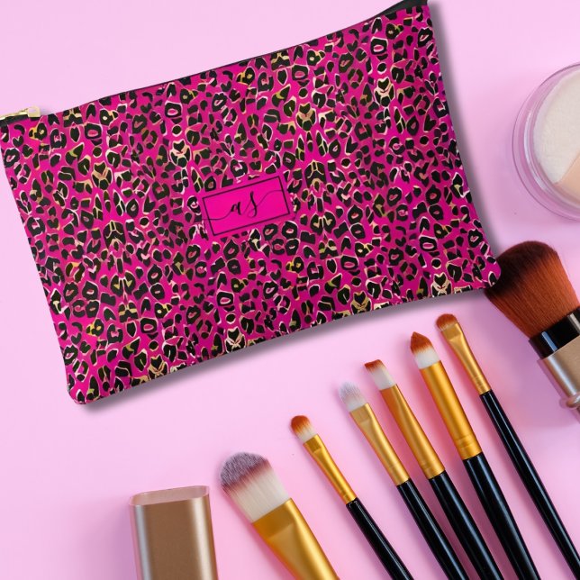 Pochette À Accessoires Rose Chaude & Imprimé Léopard Noir Monogrammé (Créateur téléchargé)