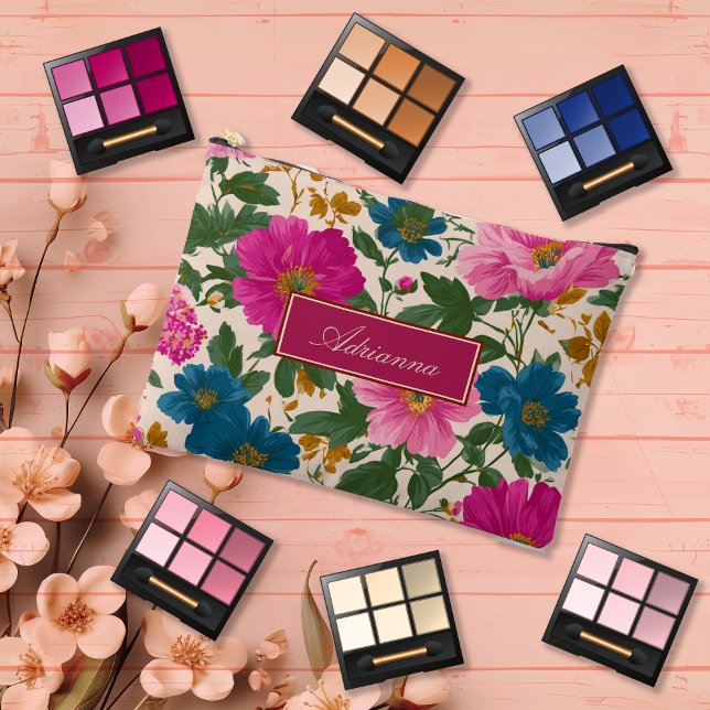 Pochette À Accessoires Rose Clair et Floral Bleu sur Crème (Créateur téléchargé)