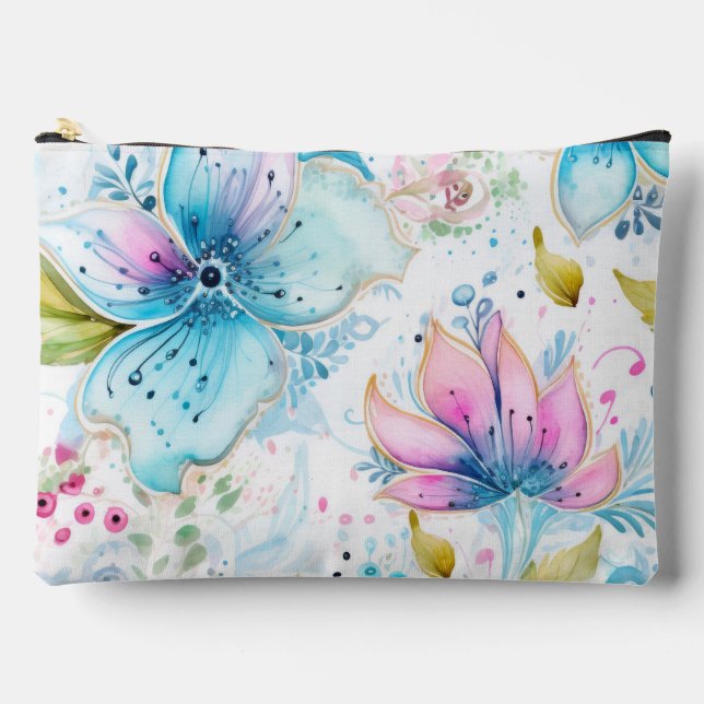 Pochette À Accessoires Rose et Bleu Pastel Floral (Recto)