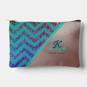 Pochette À Accessoires Rose Gold Pailleté Chevron Turquoise Nom