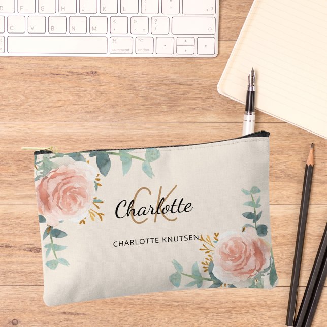 Pochette À Accessoires Rose or fleurie crème nom monogramme (Créateur téléchargé)